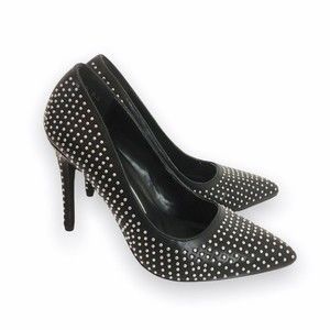 Report Size 8.5 Black Studded Stiletto‎ Point Toe Pointy Jill Heels Pumps Shoes